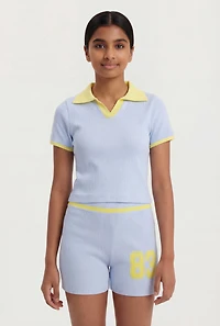 Girls Contrast Trim Seamless Polo Top and Graphic Bike Shorts