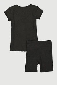 Girls Lettuce Edge Rib Knit Tee and Shorts, Grey, Size 7-8