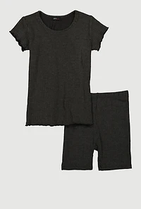 Girls Lettuce Edge Rib Knit Tee and Shorts, Grey, Size 7-8