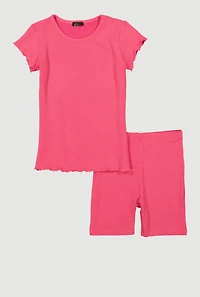 Girls Lettuce Edge Rib Knit Tee and Shorts