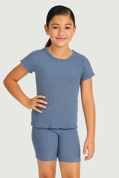 Girls Lettuce Edge Rib Knit Tee and Shorts, 7-8
