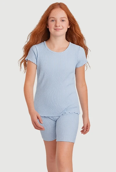 Girls Lettuce Edge Rib Knit Tee and Shorts, Blue, Size 7-8