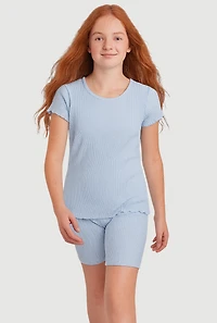 Girls Lettuce Edge Rib Knit Tee and Shorts, Blue, Size 7-8