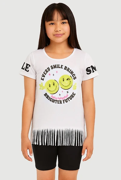 Girls Sequin Smile Everyday Graphic Tee and Biker Shorts, White, Size 14-16
