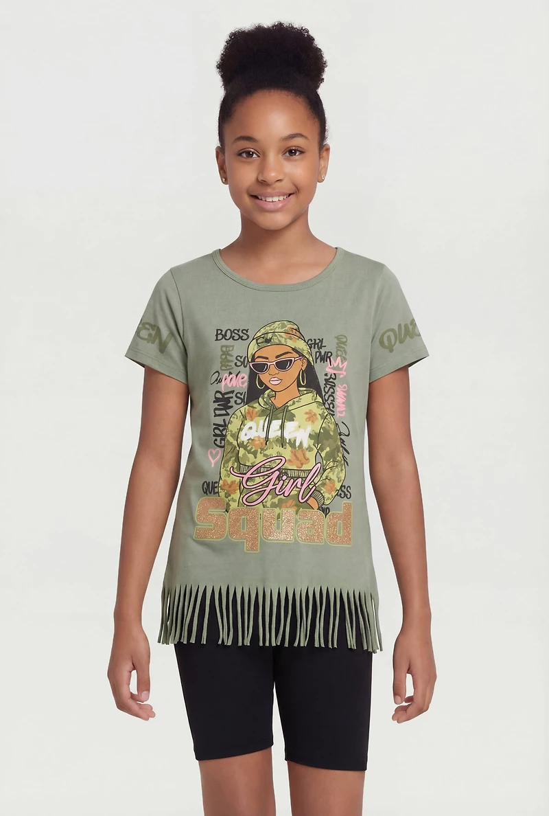 Girls Girl Squad Glitter Graphic Fringe Tee and Bike Shorts