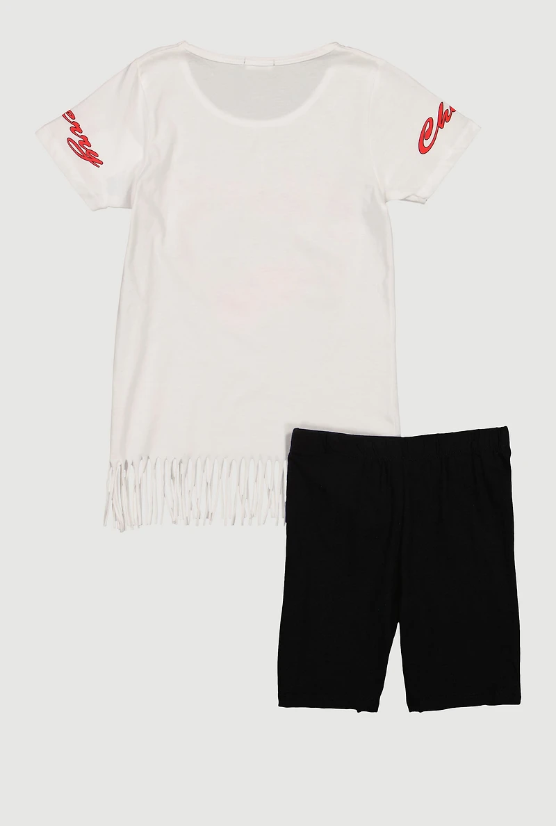 Girls Cherry Bomb Glitter Graphic Fringe Tee and Bike Shorts