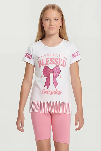 Girls Blessed Everyday Glitter Graphic Fringe Tee and Shorts