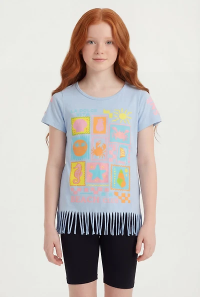 Girls Beach Club Graphic Fringe Tee and Bike Shorts