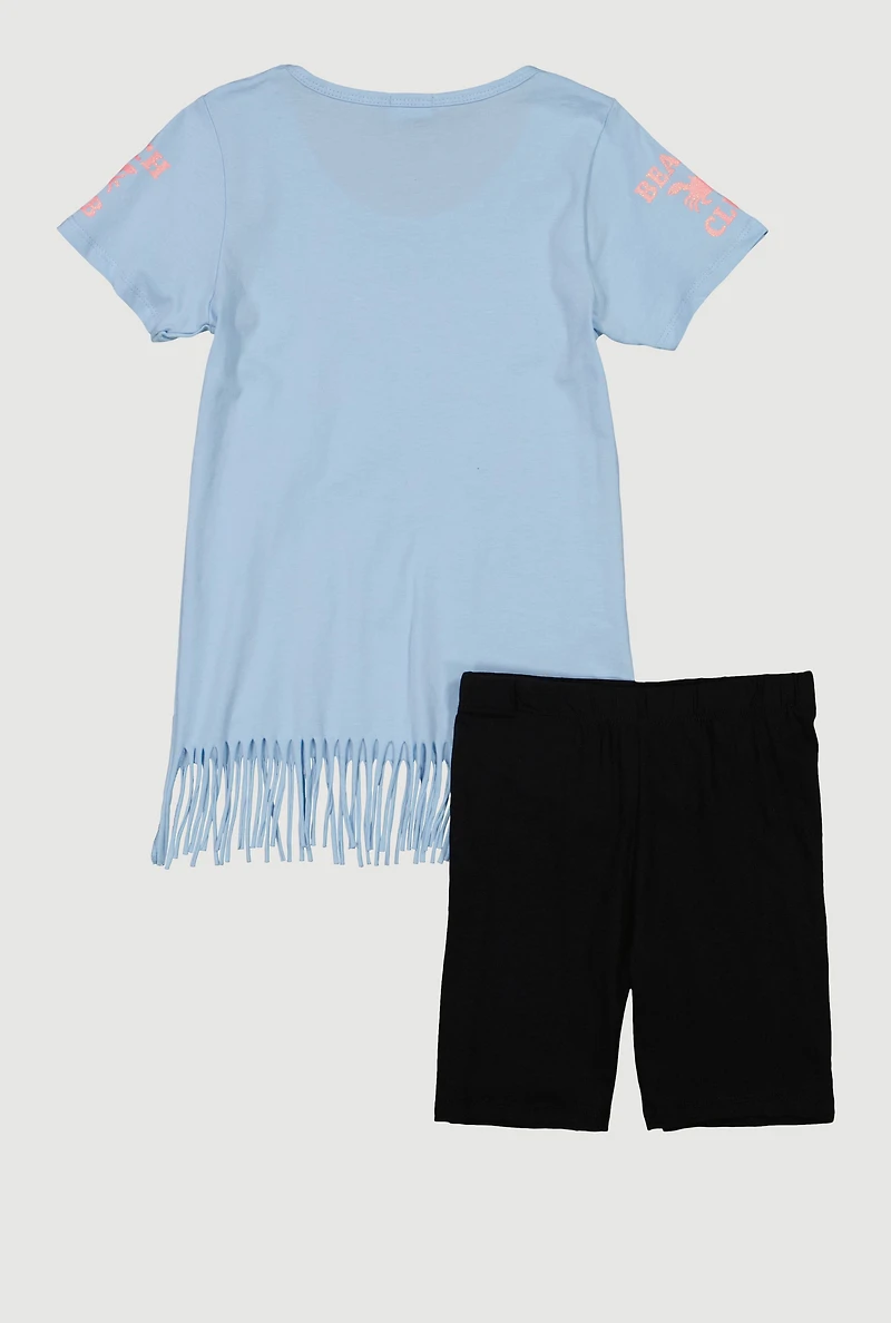 Girls Beach Club Graphic Fringe Tee and Bike Shorts
