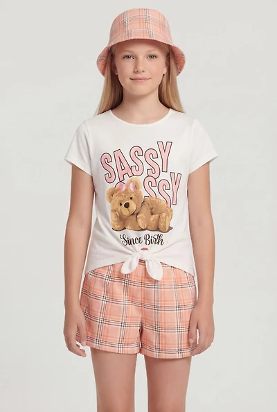 Girls Sassy Since Birth Teddy Bear Tee and Plaid Shorts with Hat