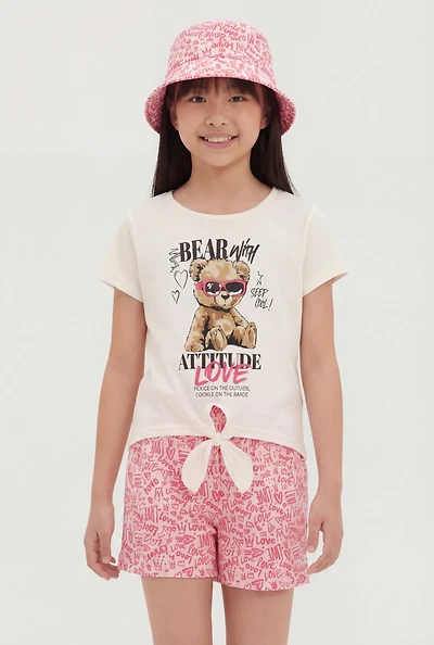 Girls Bear Graphic Knot Front Tee and Shorts with Bucket Hat