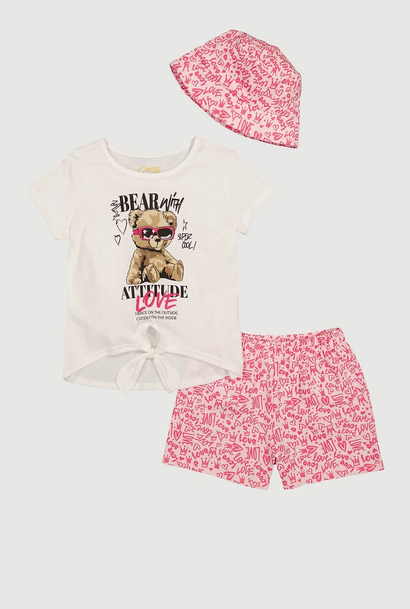 Girls Bear Graphic Knot Front Tee and Shorts with Bucket Hat