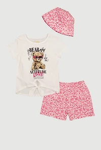 Girls Bear Graphic Knot Front Tee and Shorts with Bucket Hat