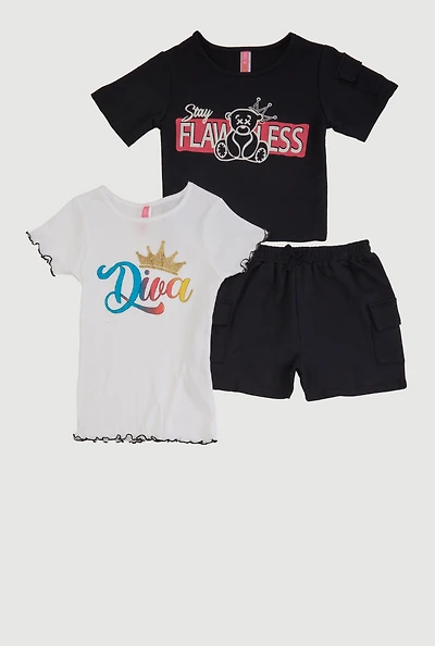 Girls Stay Flawless Bear Graphic Tees and Cargo Shorts