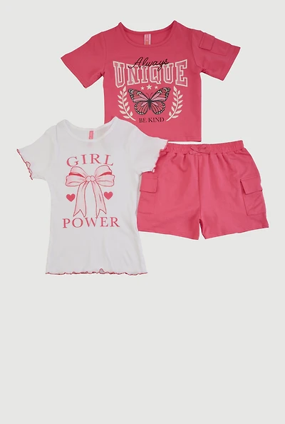 Girls Bow Girl Power Graphic Tees and Cargo Shorts