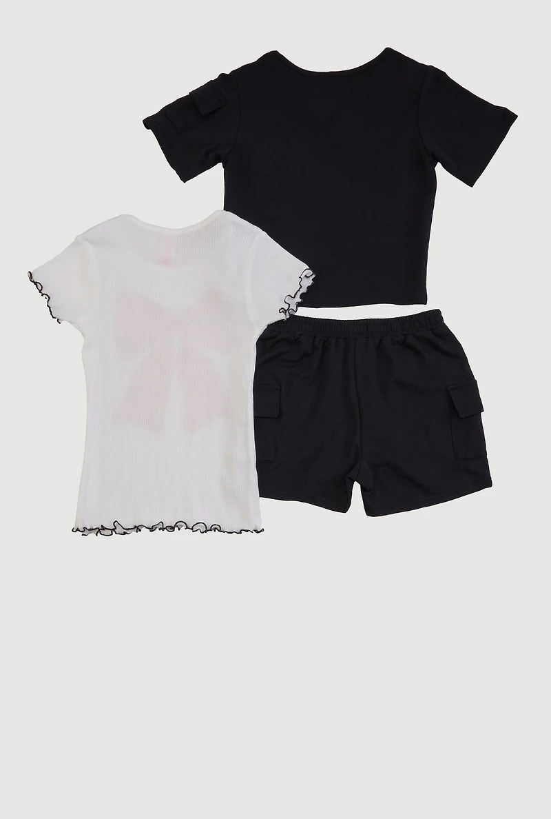 Girls Short Sleeve Bow Graphic Tees and Cargo Shorts