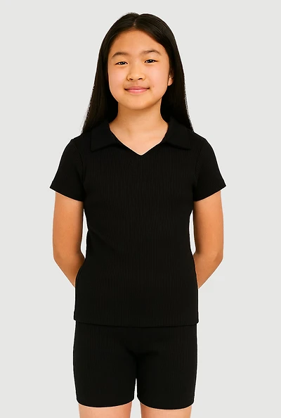 Girls Seamless Ribbed Knit Polo Shirt and Bike Shorts Set