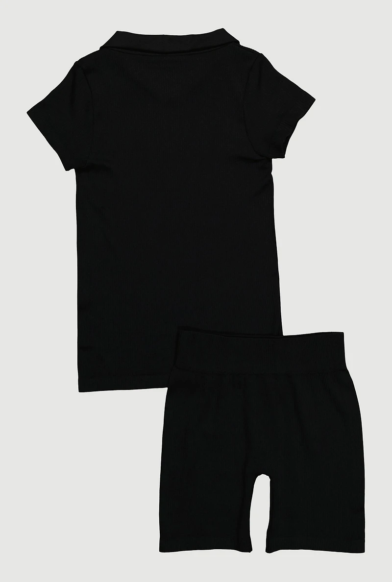 Girls Seamless Ribbed Knit Polo Shirt and Bike Shorts Set, Black, Size 10-12