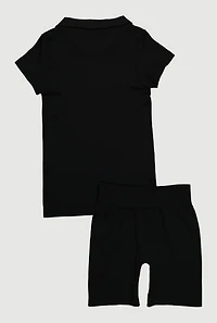Girls Seamless Ribbed Knit Polo Shirt and Bike Shorts Set, Black, Size 10-12