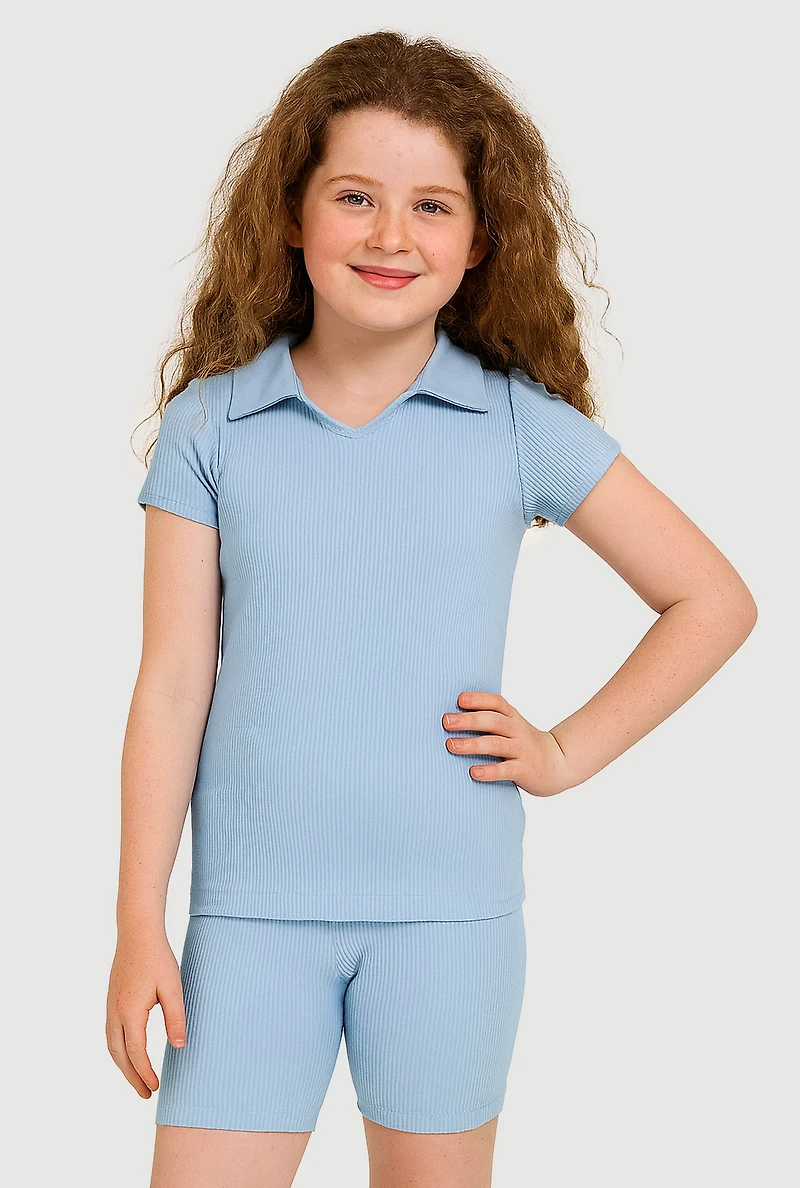 Girls Seamless Ribbed Knit Polo Shirt and Bike Shorts Set