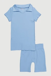 Girls Seamless Ribbed Knit Polo Shirt and Bike Shorts Set, 7-8