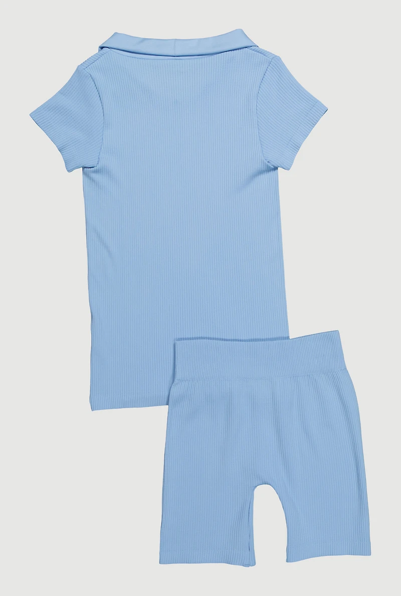 Girls Seamless Ribbed Knit Polo Shirt and Bike Shorts Set, 7-8