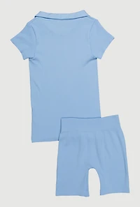 Girls Seamless Ribbed Knit Polo Shirt and Bike Shorts Set, 7-8
