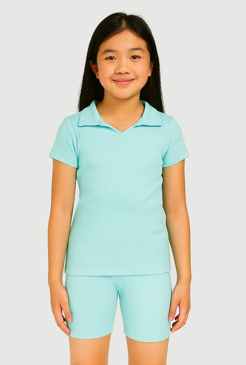 Girls Seamless Ribbed Knit Polo Shirt and Bike Shorts Set