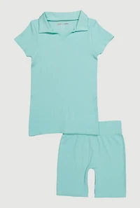 Girls Seamless Ribbed Knit Polo Shirt and Bike Shorts Set, Green, Size 10-12