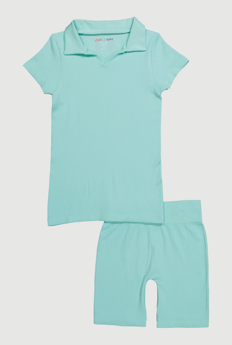Girls Seamless Ribbed Knit Polo Shirt and Bike Shorts Set, 10-12