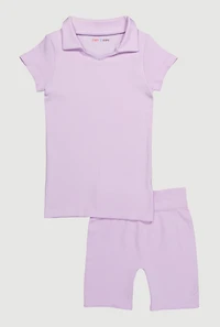 Girls Seamless Ribbed Knit Polo Shirt and Bike Shorts Set