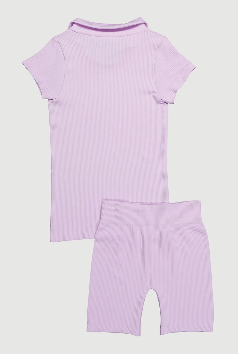 Girls Seamless Ribbed Knit Polo Shirt and Bike Shorts Set