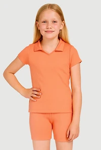 Girls Seamless Ribbed Knit Polo Shirt and Bike Shorts Set