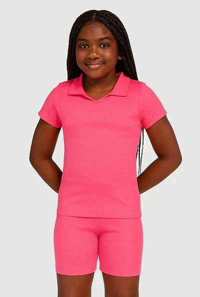 Girls Seamless Ribbed Knit Polo Shirt and Bike Shorts Set, Pink,