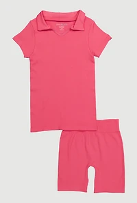 Girls Seamless Ribbed Knit Polo Shirt and Bike Shorts Set, Pink,