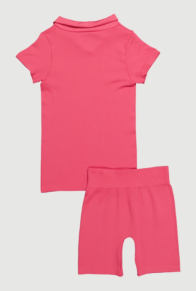 Girls Seamless Ribbed Knit Polo Shirt and Bike Shorts Set, Pink,