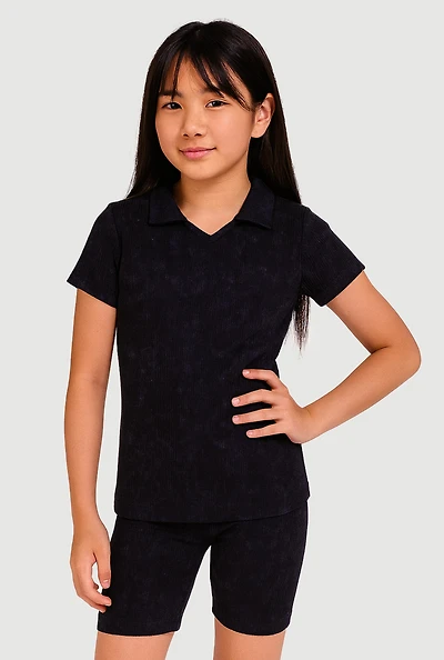 Girls Trendy Seamless Rib Knit Mineral Wash Polo Shirt and Shorts,