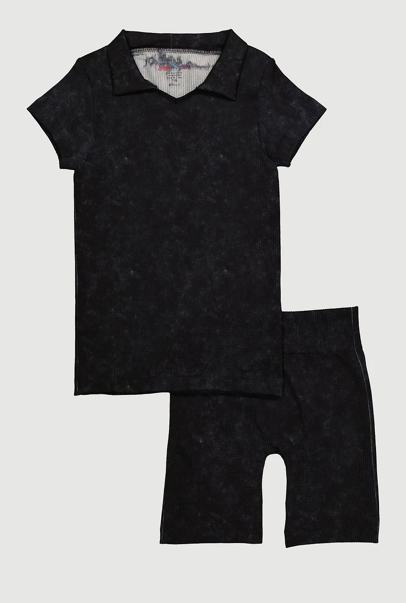 Girls Trendy Seamless Rib Knit Mineral Wash Polo Shirt and Shorts