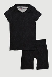 Girls Trendy Seamless Rib Knit Mineral Wash Polo Shirt and Shorts