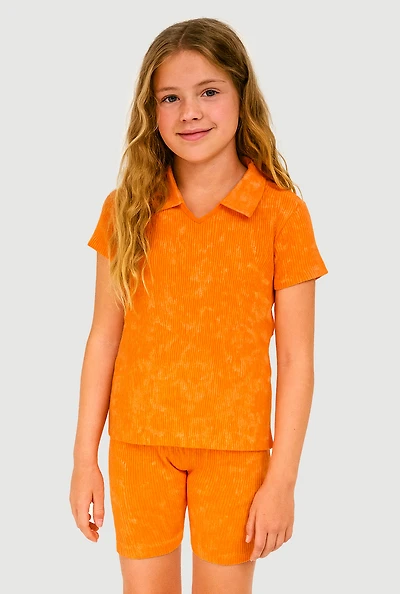 Girls Trendy Seamless Rib Knit Mineral Wash Polo Shirt and Shorts, Orange, Size 10-12