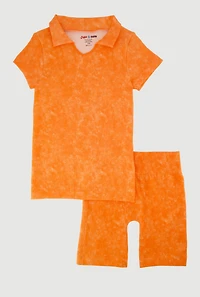 Girls Trendy Seamless Rib Knit Mineral Wash Polo Shirt and Shorts, Orange, Size 10-12