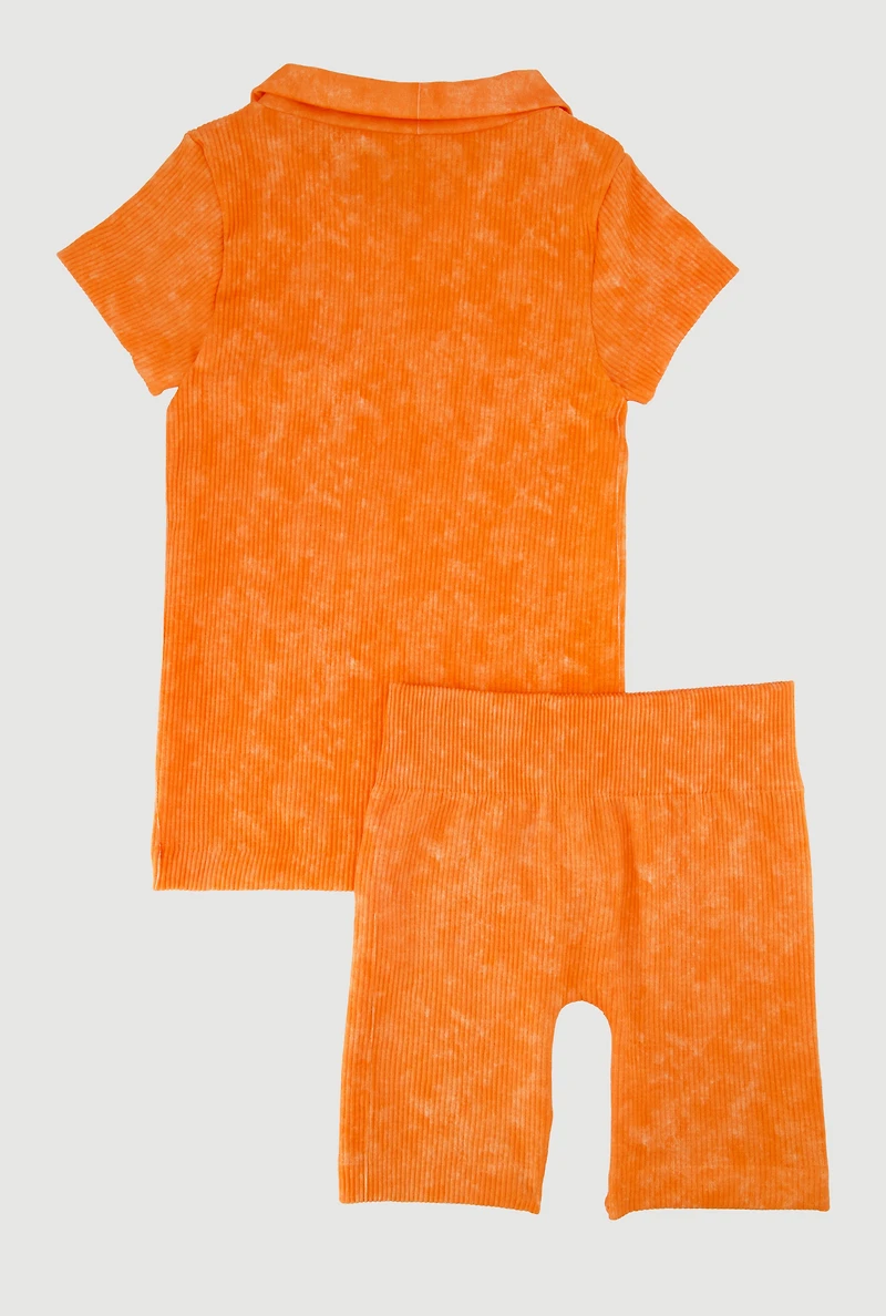 Girls Trendy Seamless Rib Knit Mineral Wash Polo Shirt and Shorts, Orange, Size 10-12