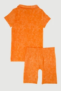 Girls Trendy Seamless Rib Knit Mineral Wash Polo Shirt and Shorts, Orange, Size 10-12