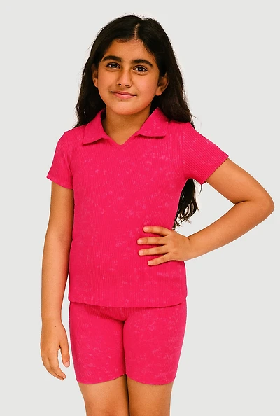 Girls Trendy Seamless Rib Knit Mineral Wash Polo Shirt and Shorts, Pink, Size 14-16