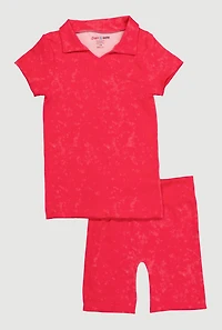 Girls Trendy Seamless Rib Knit Mineral Wash Polo Shirt and Shorts, Pink, Size 7-8