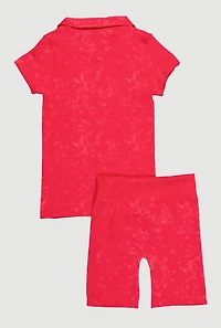 Girls Trendy Seamless Rib Knit Mineral Wash Polo Shirt and Shorts, Pink, Size 14-16
