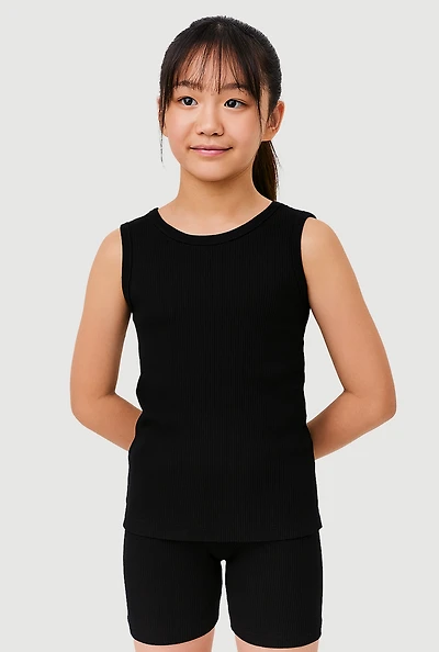 Girls Ribbed Knit Seamless Tank Top and Bike Shorts 2 Piece Set, Black, Size 7-8