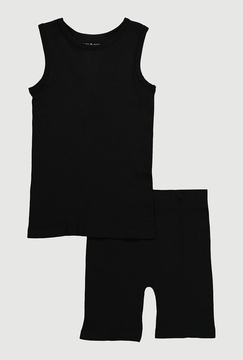 Girls Ribbed Knit Seamless Tank Top and Bike Shorts 2 Piece Set