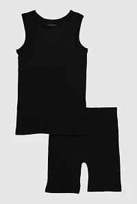 Girls Ribbed Knit Seamless Tank Top and Bike Shorts 2 Piece Set