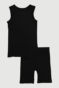 Girls Ribbed Knit Seamless Tank Top and Bike Shorts 2 Piece Set, Black, Size 7-8